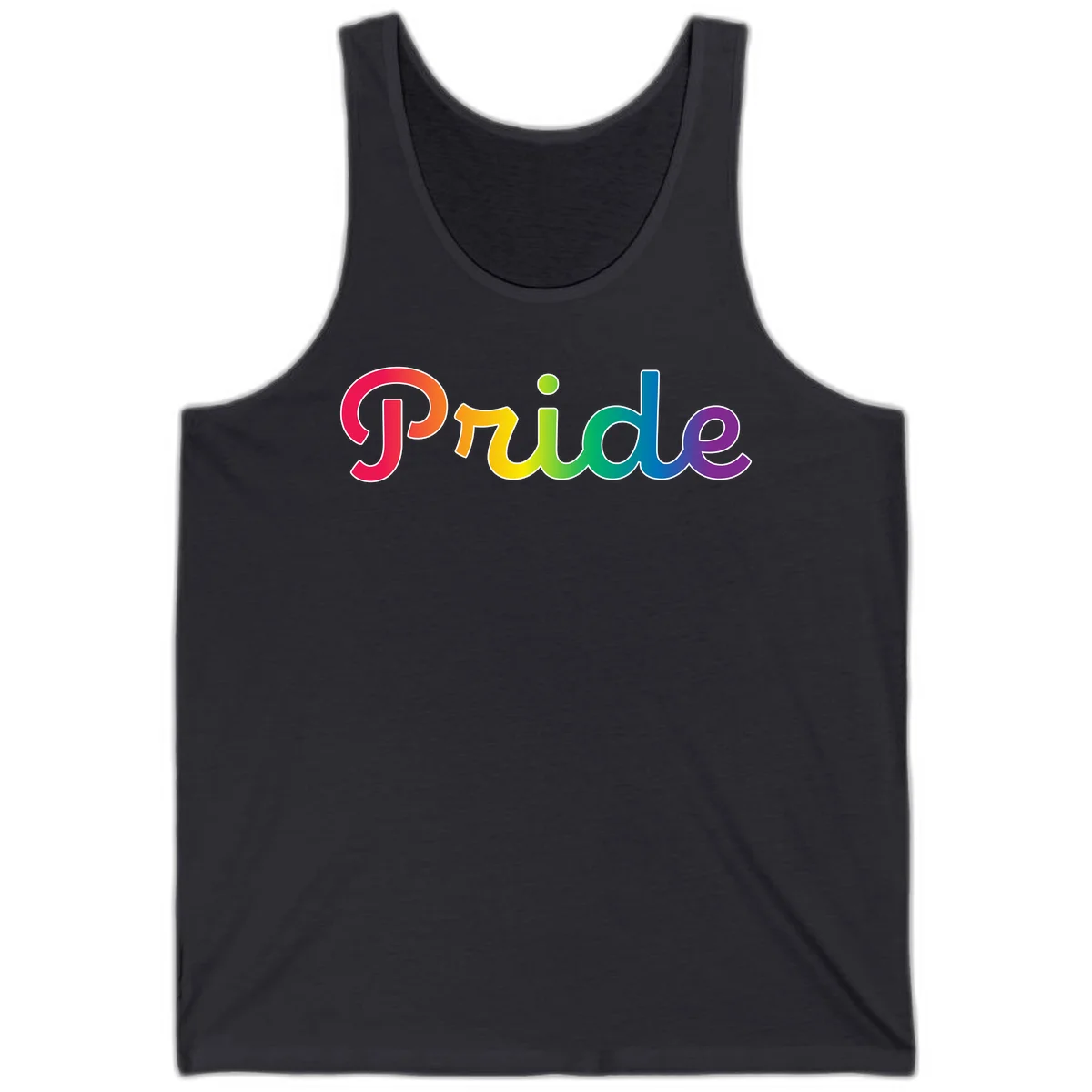The word 'Pride' in large bold letters with rainbow gradient fill transitioning from red to purple, featuring white outlines on gray background in Dark Grey