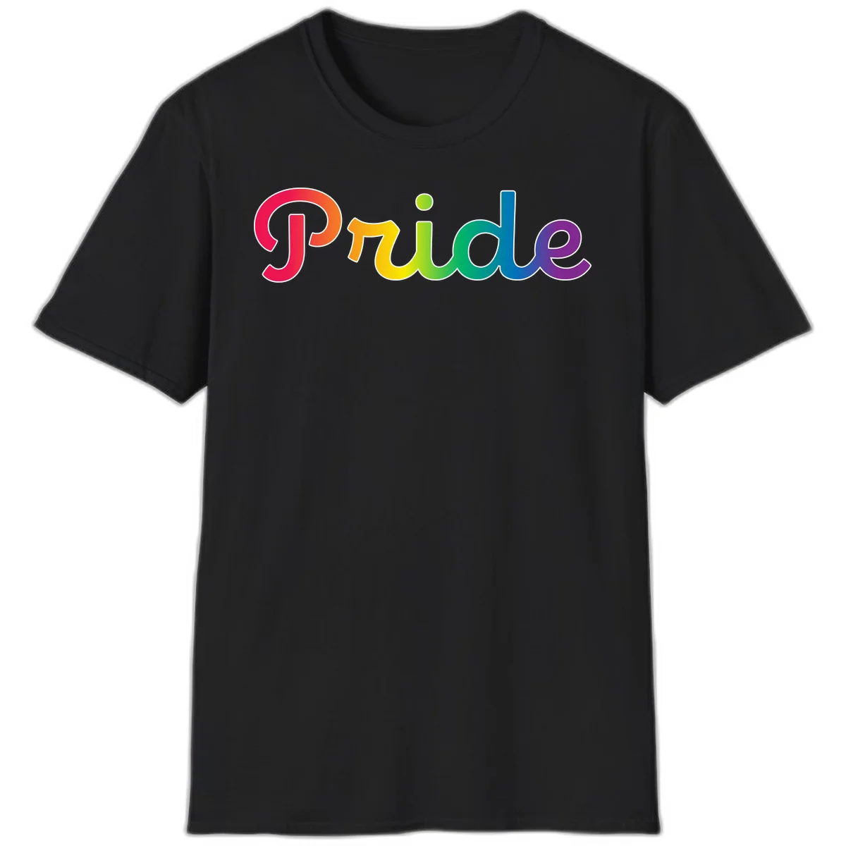 The word 'Pride' in large bold letters with rainbow gradient fill transitioning from red to purple, featuring white outlines on gray background in Black