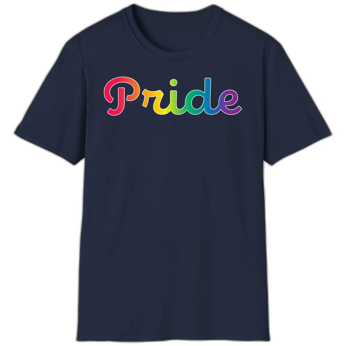 The word 'Pride' in large bold letters with rainbow gradient fill transitioning from red to purple, featuring white outlines on gray background in Navy