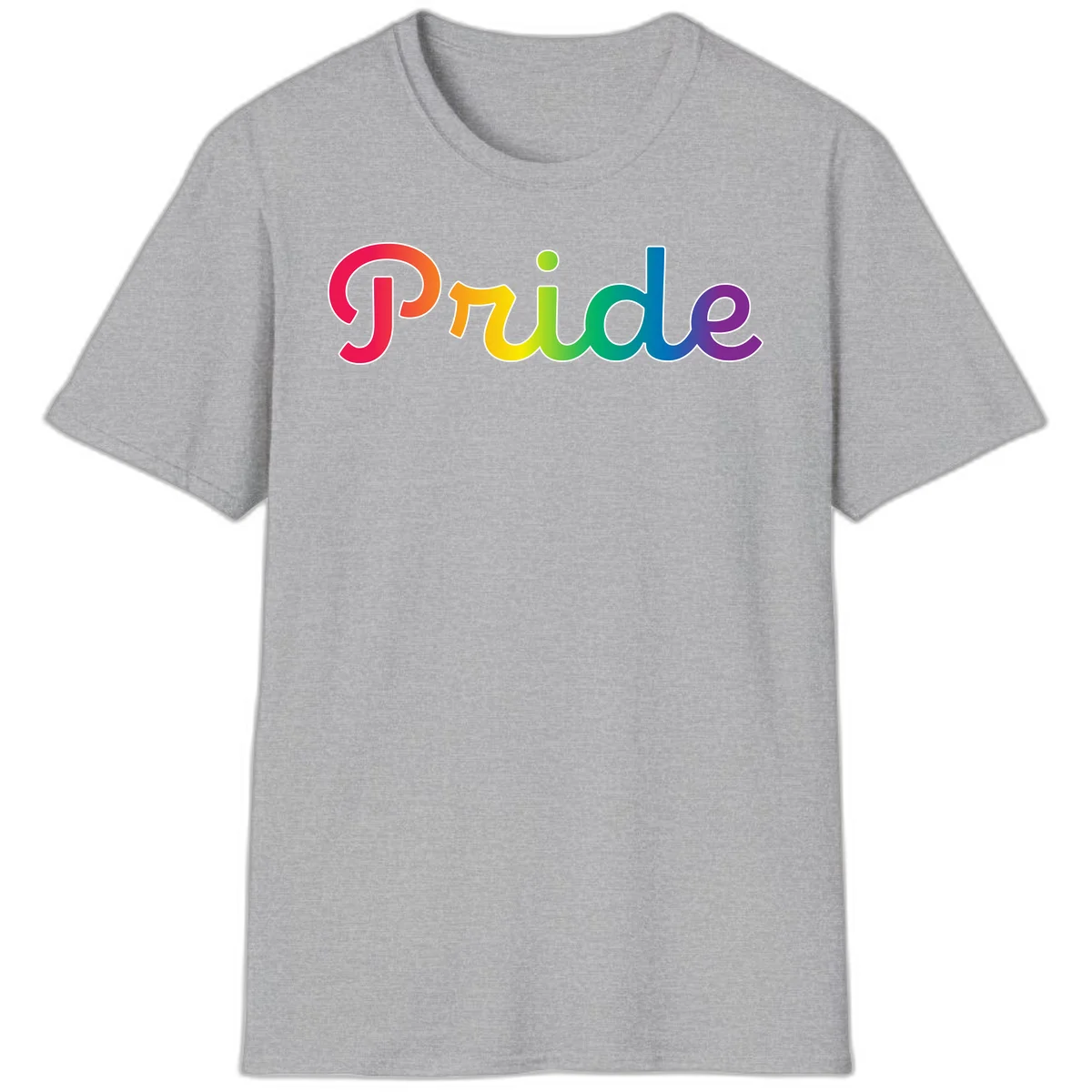 The word 'Pride' in large bold letters with rainbow gradient fill transitioning from red to purple, featuring white outlines on gray background in Sport Grey