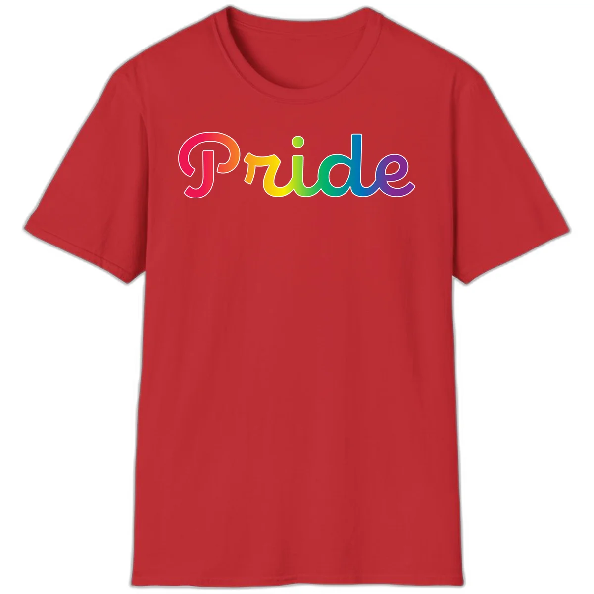 The word 'Pride' in large bold letters with rainbow gradient fill transitioning from red to purple, featuring white outlines on gray background in Red