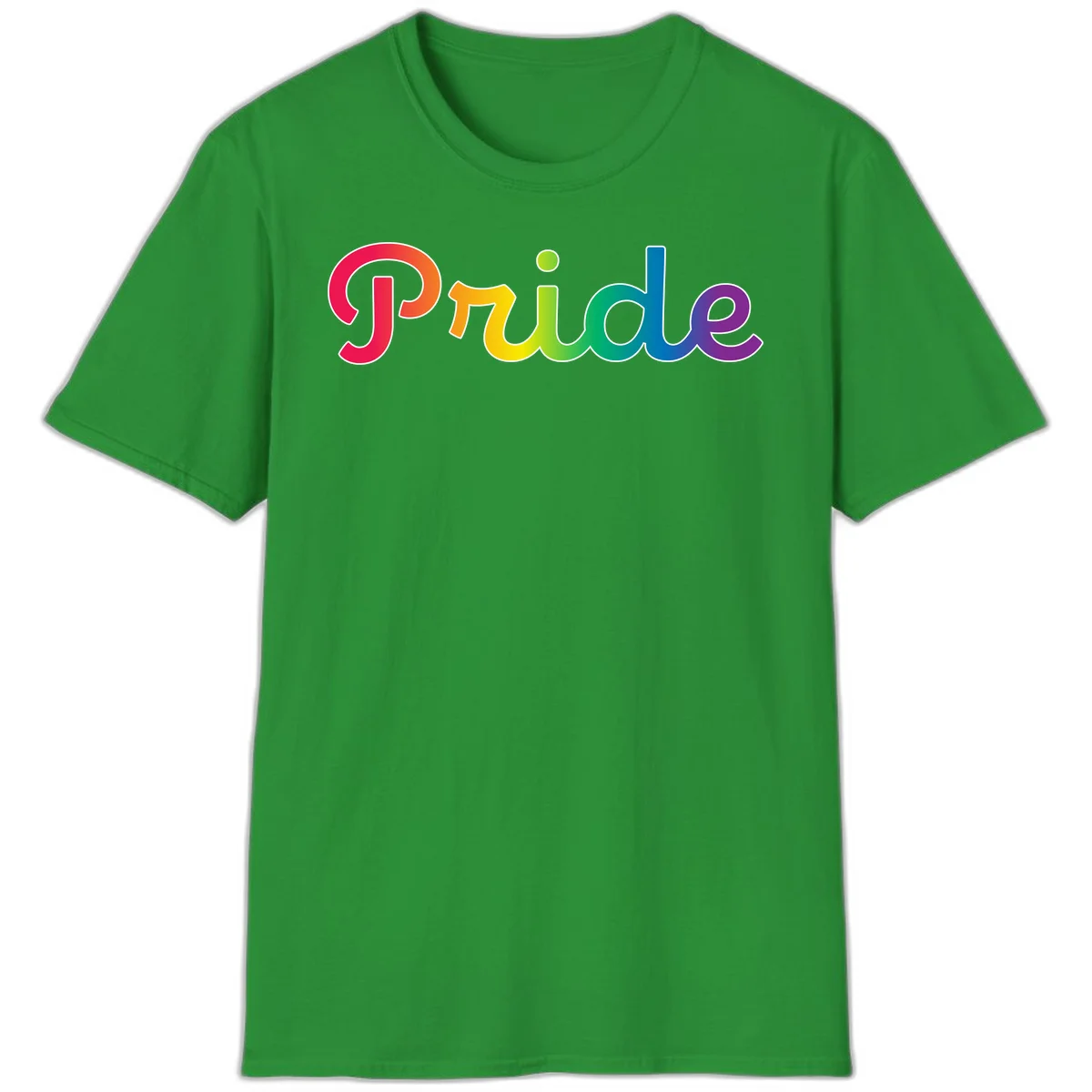 The word 'Pride' in large bold letters with rainbow gradient fill transitioning from red to purple, featuring white outlines on gray background in Irish Green