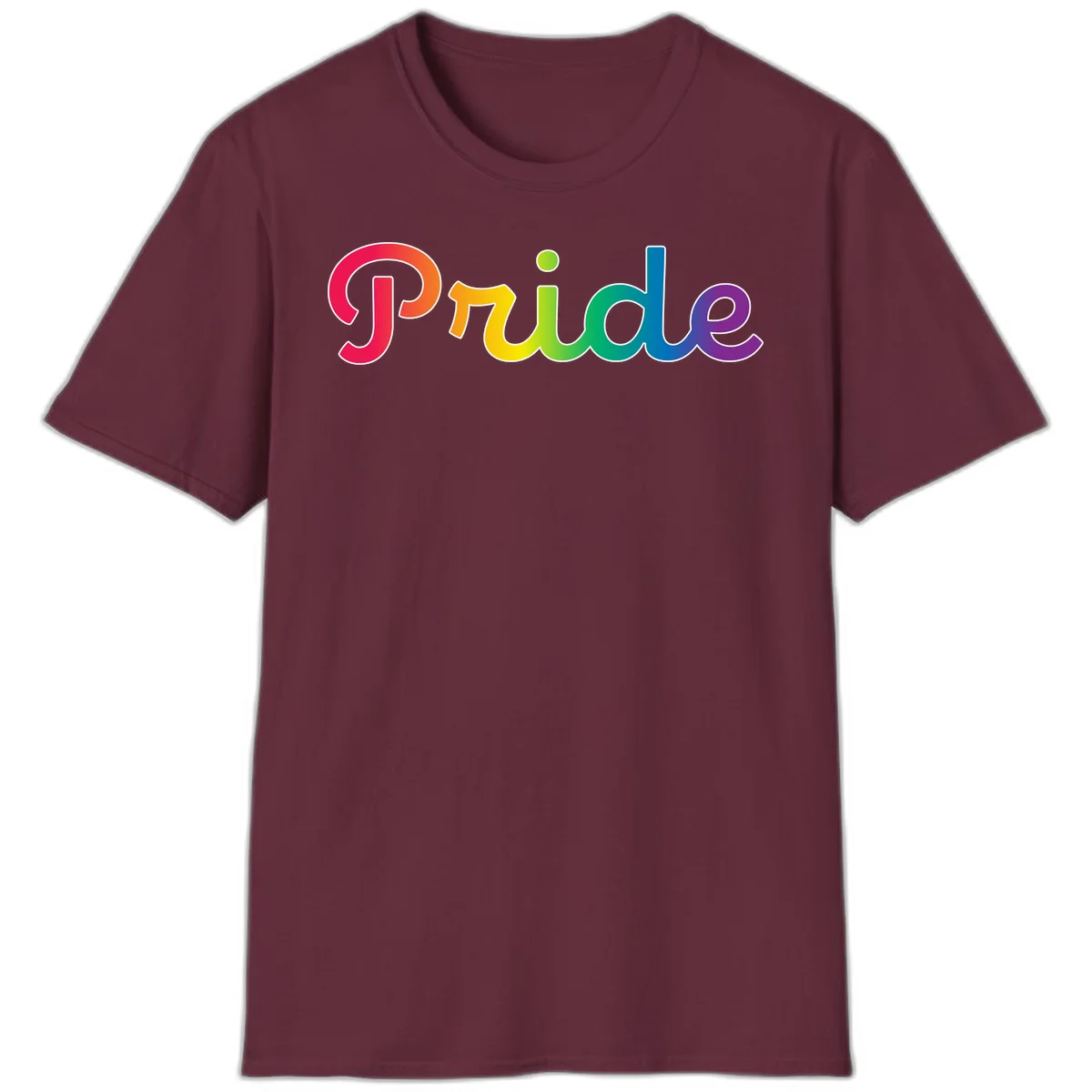 The word 'Pride' in large bold letters with rainbow gradient fill transitioning from red to purple, featuring white outlines on gray background in Maroon