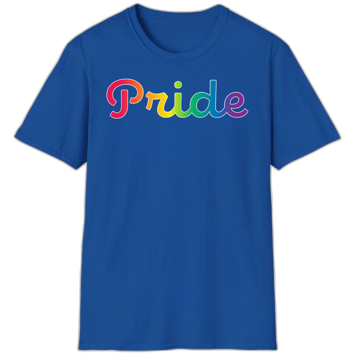 The word 'Pride' in large bold letters with rainbow gradient fill transitioning from red to purple, featuring white outlines on gray background in Royal