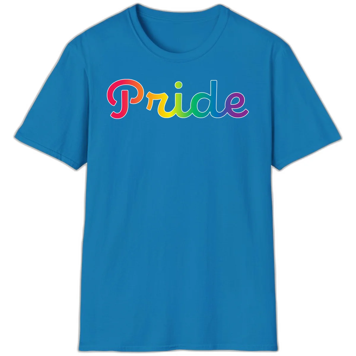 The word 'Pride' in large bold letters with rainbow gradient fill transitioning from red to purple, featuring white outlines on gray background in Sapphire