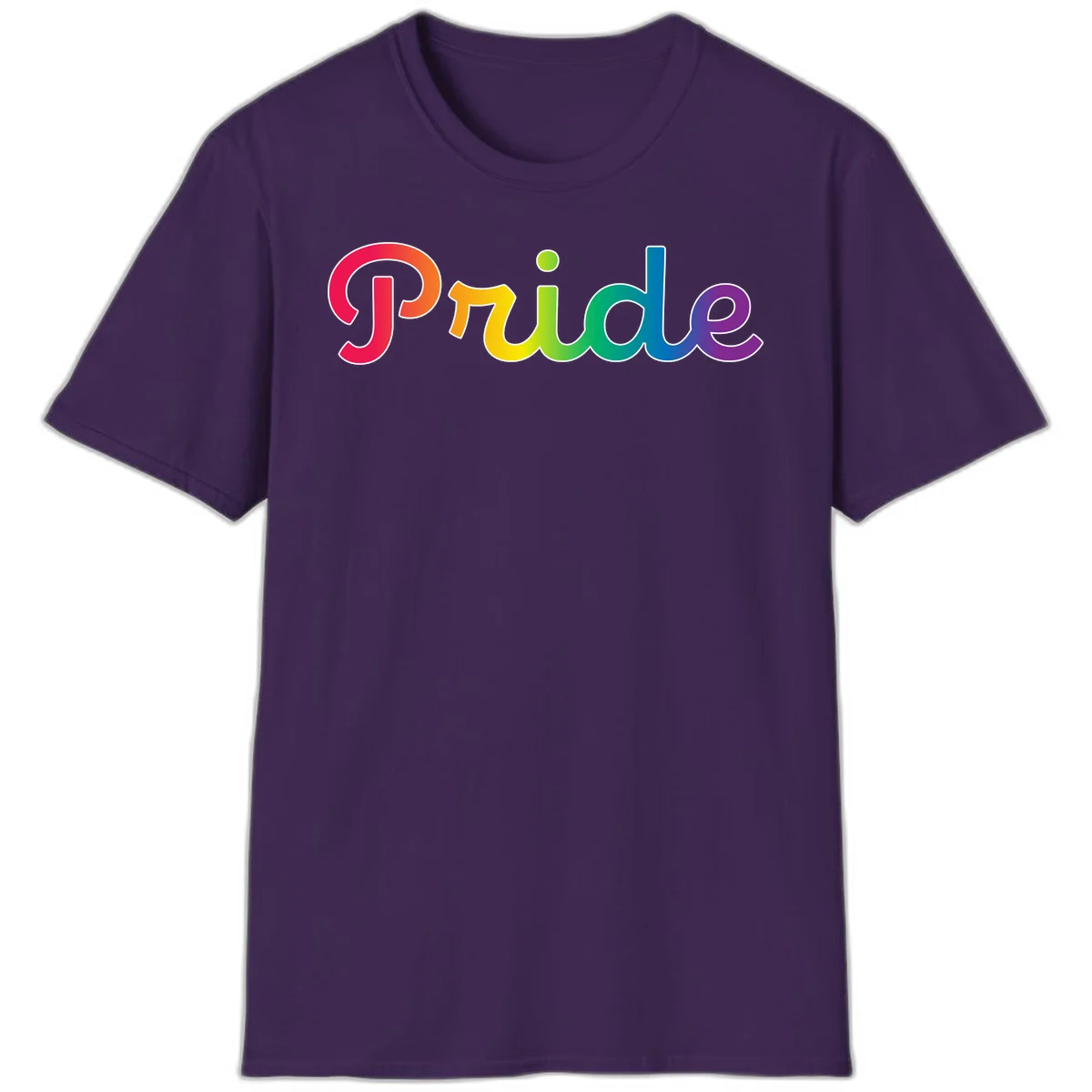 The word 'Pride' in large bold letters with rainbow gradient fill transitioning from red to purple, featuring white outlines on gray background in Purple