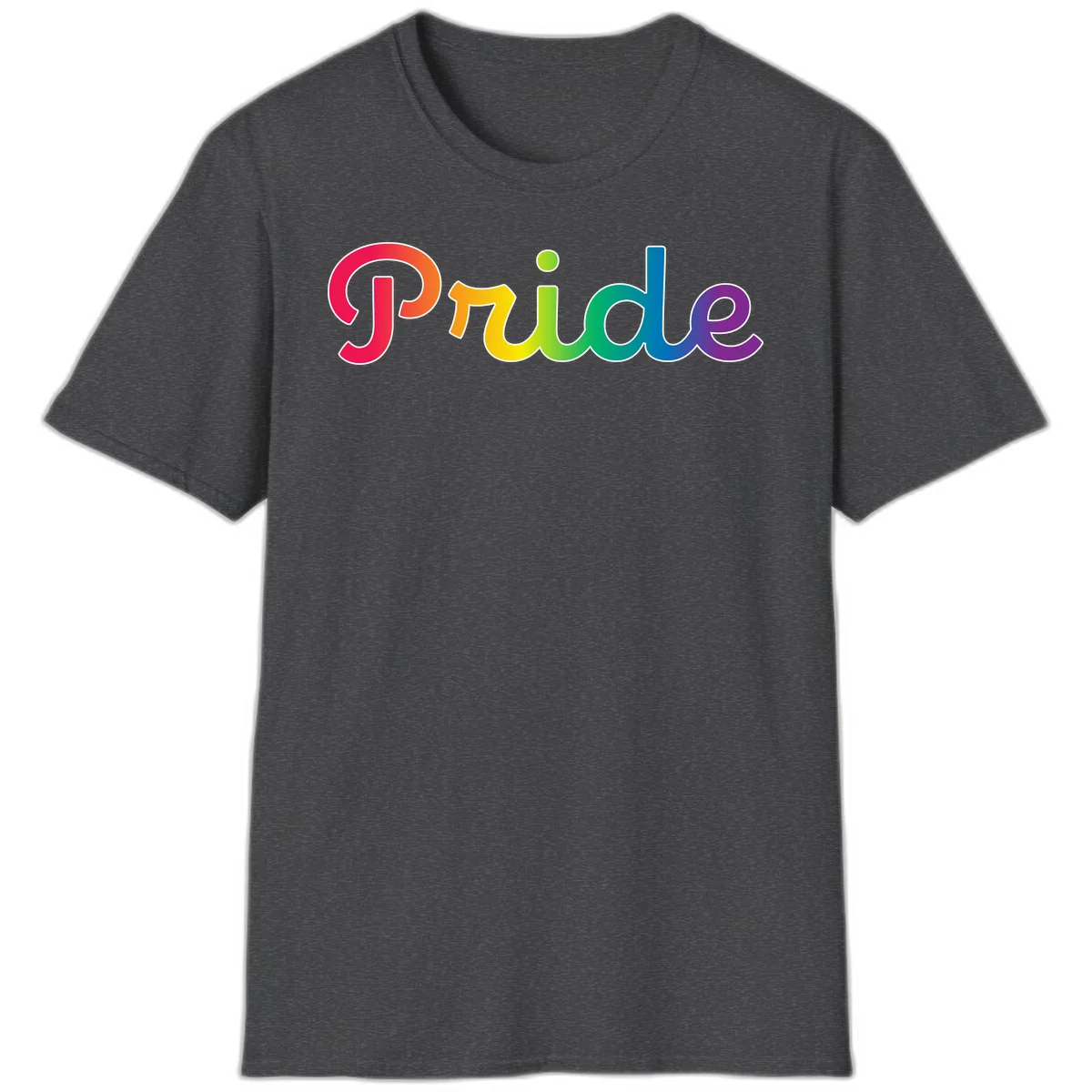 The word 'Pride' in large bold letters with rainbow gradient fill transitioning from red to purple, featuring white outlines on gray background in Dark Heather