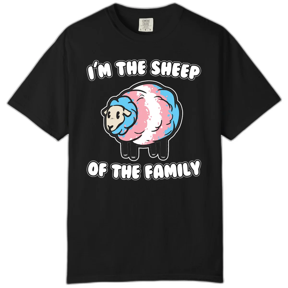 Cartoon sheep with blue and pink wool and text reading 'I'm The Sheep Of The Family' in Black