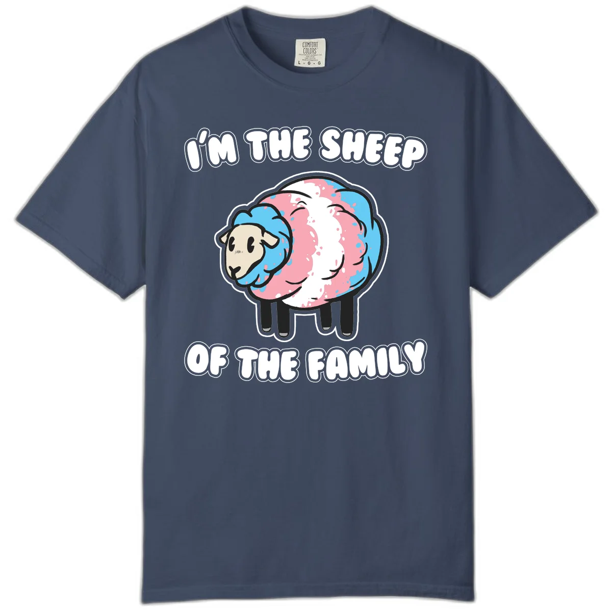 Cartoon sheep with blue and pink wool and text reading 'I'm The Sheep Of The Family' in Midnight