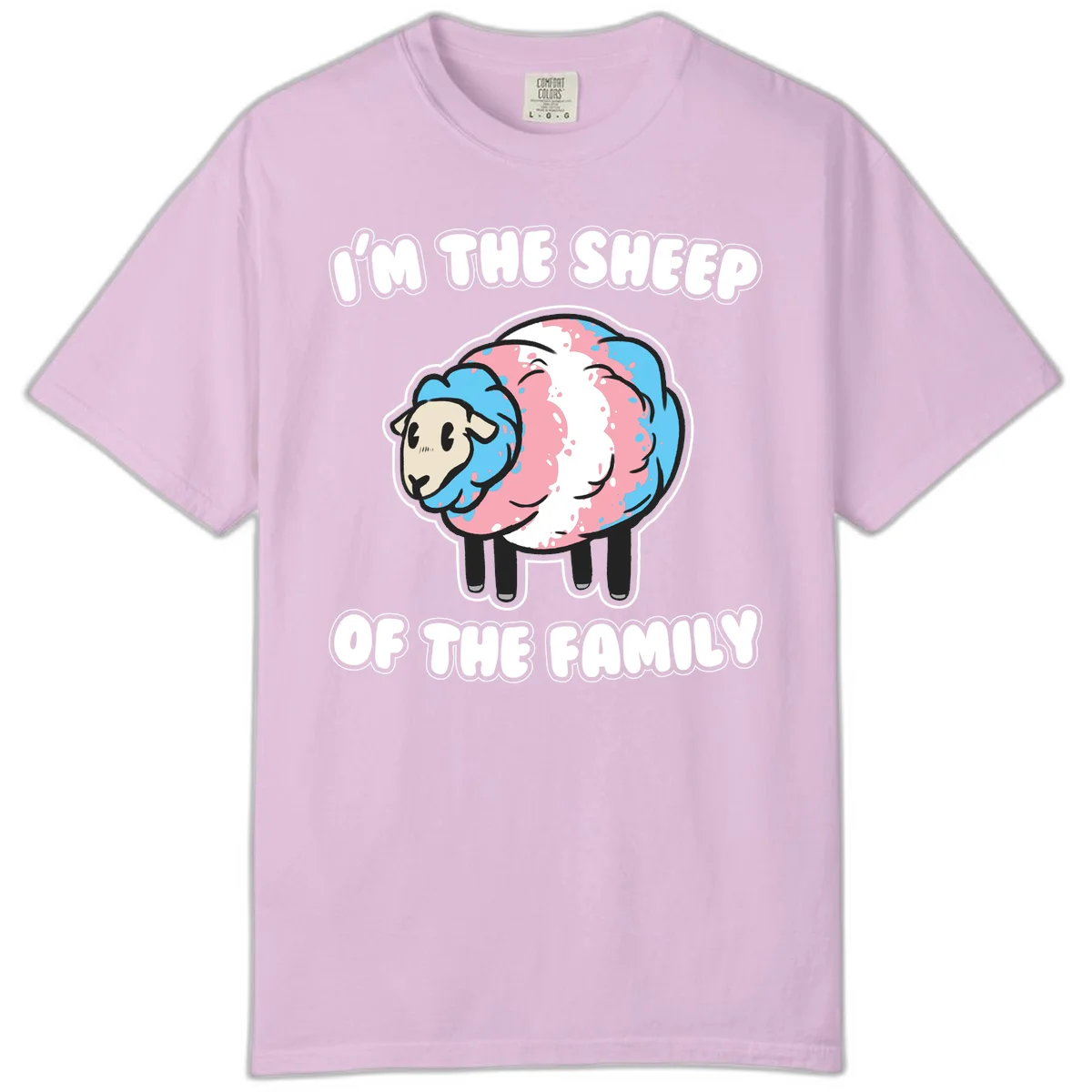 Cartoon sheep with blue and pink wool and text reading 'I'm The Sheep Of The Family' in Orchid