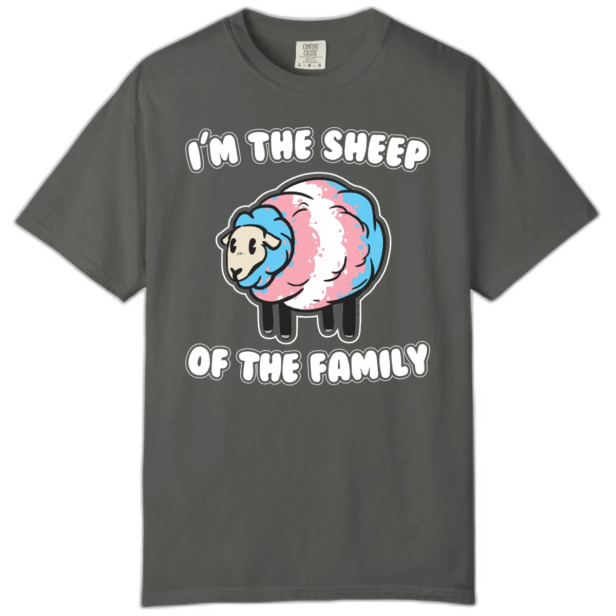 Cartoon sheep with blue and pink wool and text reading 'I'm The Sheep Of The Family' in Pepper