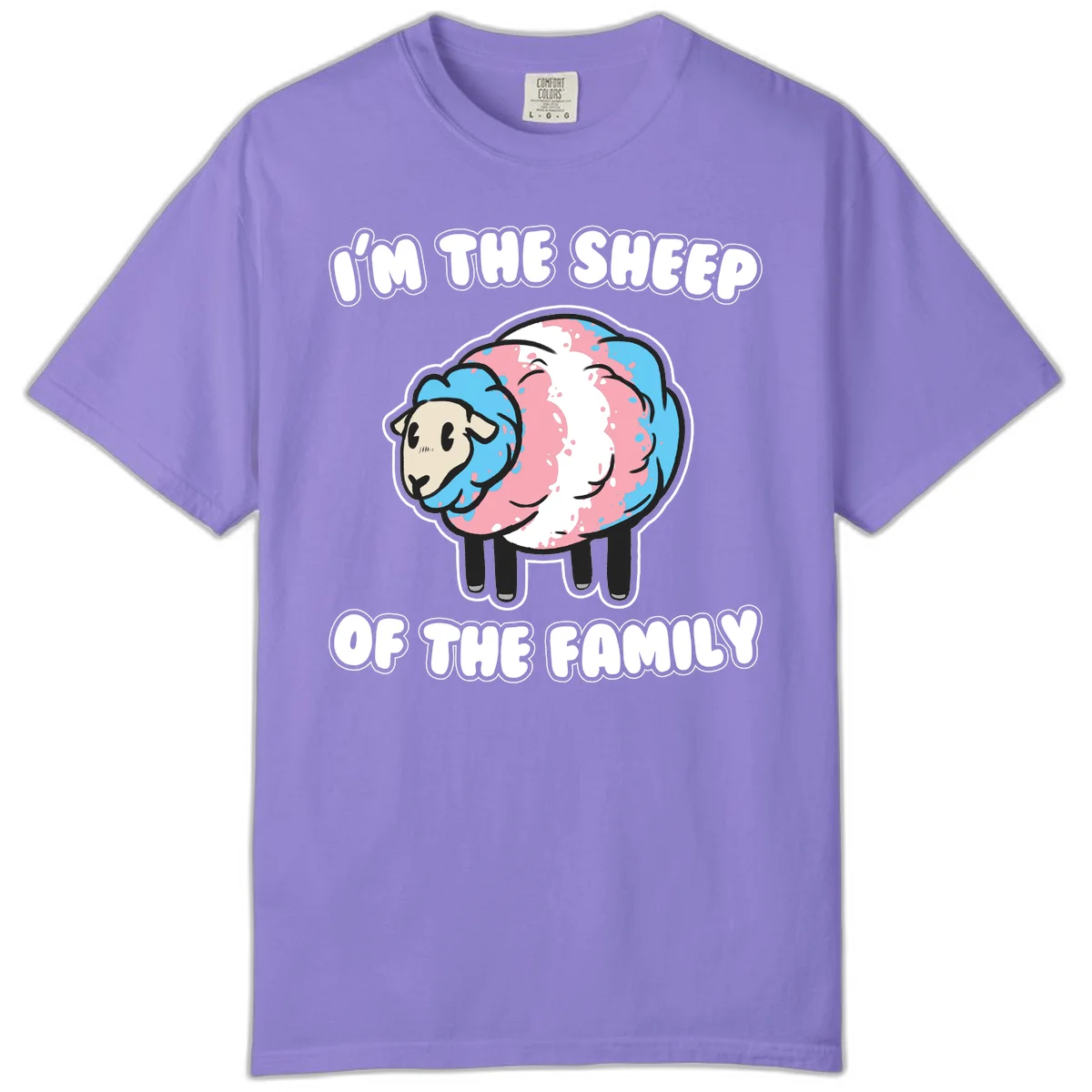 Cartoon sheep with blue and pink wool and text reading 'I'm The Sheep Of The Family' in Violet