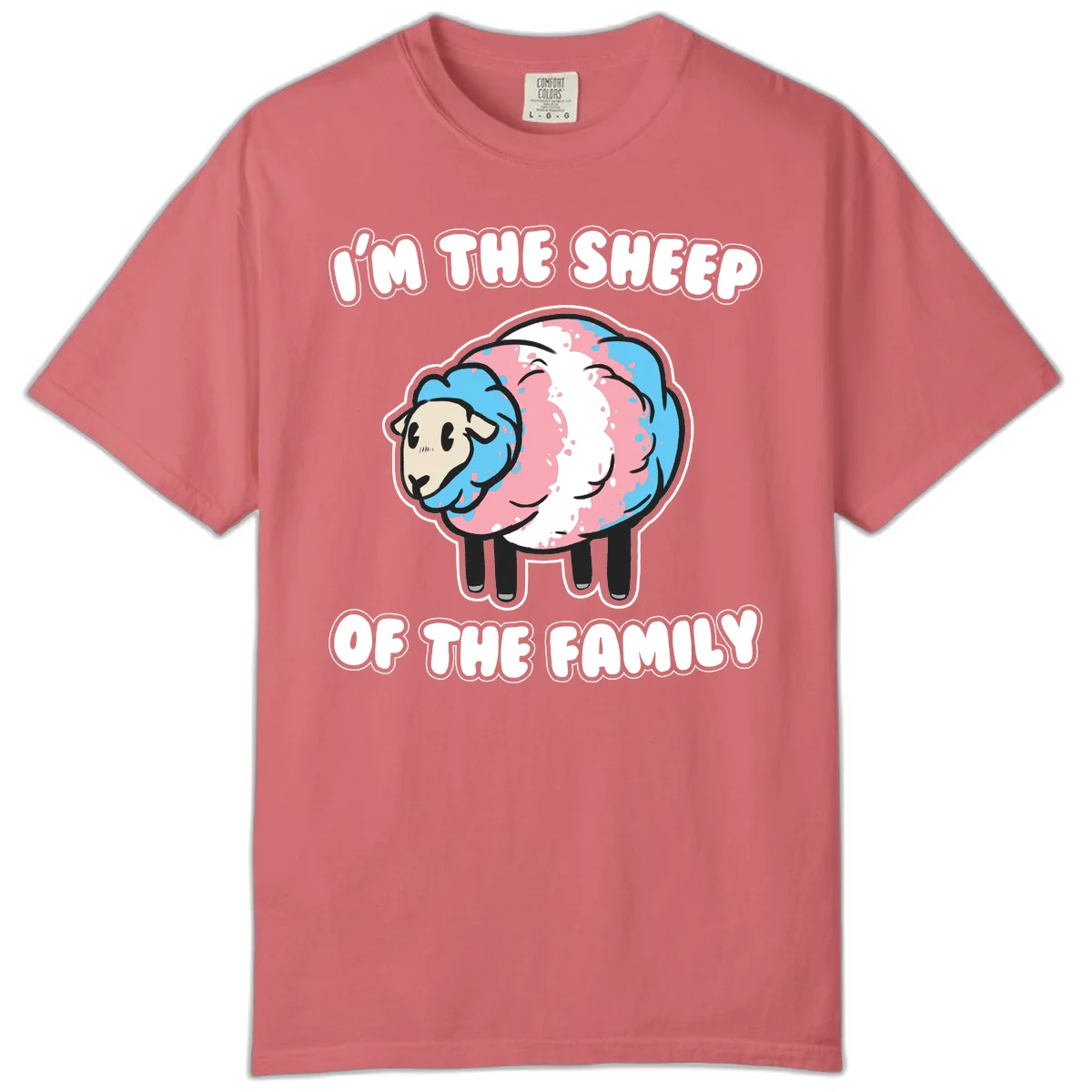 Cartoon sheep with blue and pink wool and text reading 'I'm The Sheep Of The Family' in Watermelon