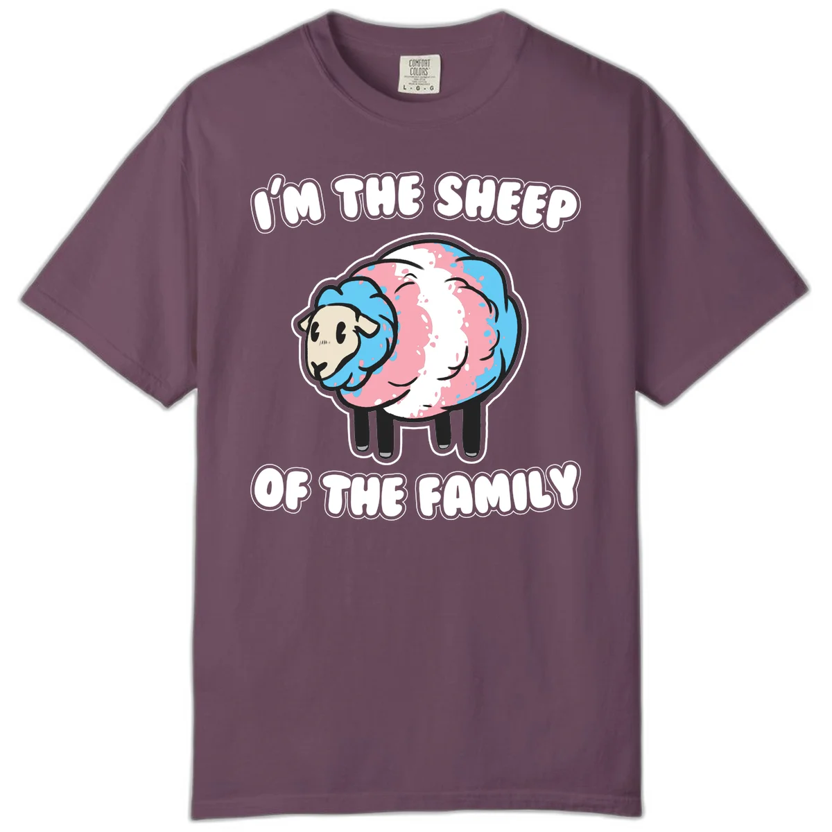 Cartoon sheep with blue and pink wool and text reading 'I'm The Sheep Of The Family' in Berry