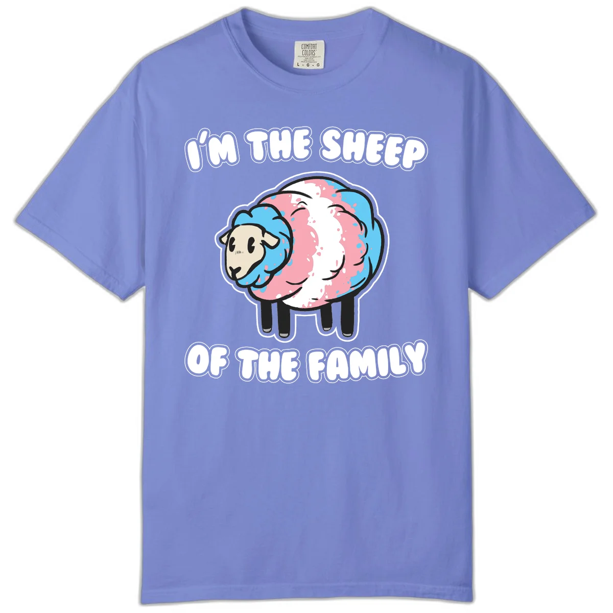 Cartoon sheep with blue and pink wool and text reading 'I'm The Sheep Of The Family' in Flo Blue