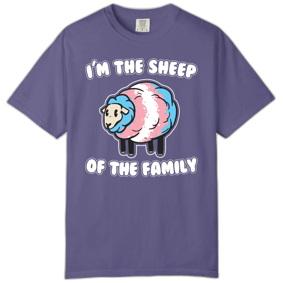 Cartoon sheep with blue and pink wool and text reading 'I'm The Sheep Of The Family' in Grape