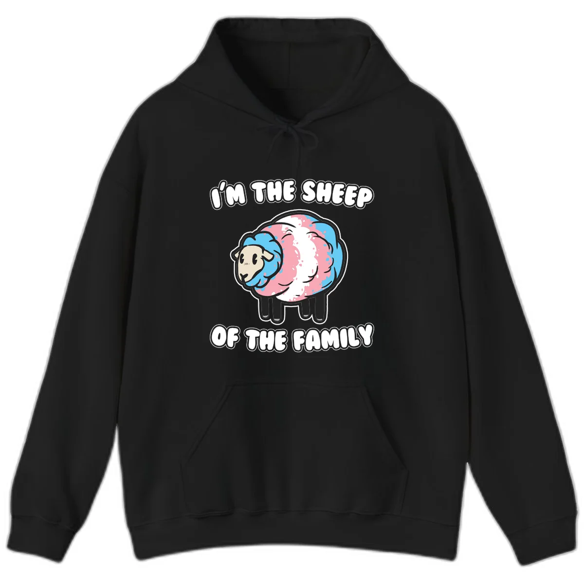 Cartoon sheep with blue and pink wool and text reading 'I'm The Sheep Of The Family' in Black