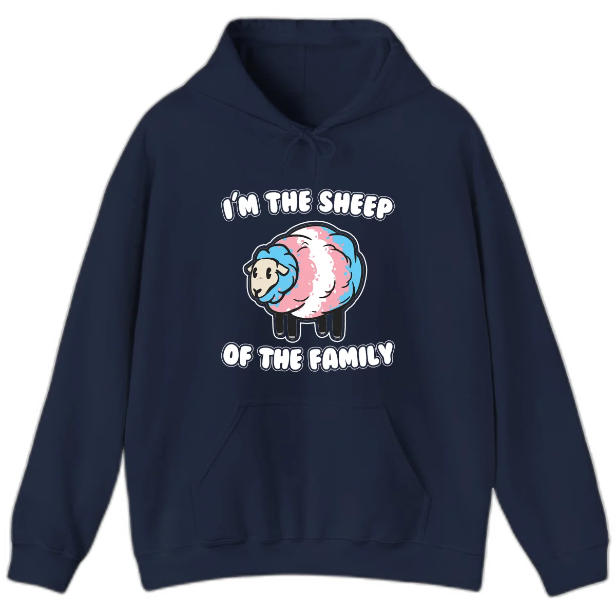 Cartoon sheep with blue and pink wool and text reading 'I'm The Sheep Of The Family' in Navy