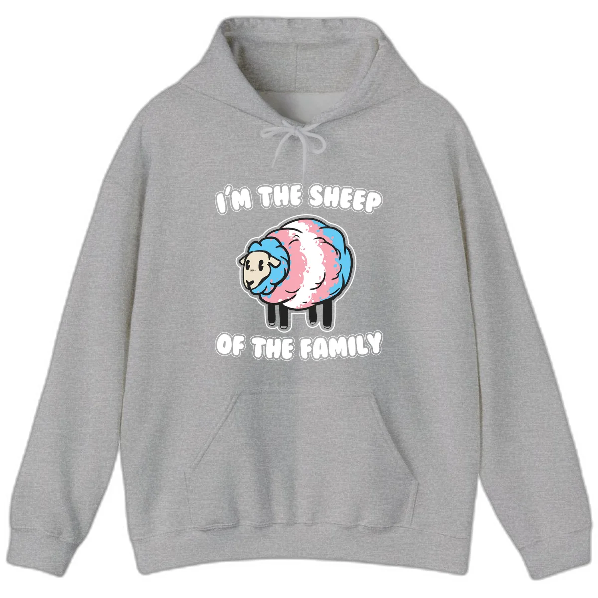Cartoon sheep with blue and pink wool and text reading 'I'm The Sheep Of The Family' in Sport Grey