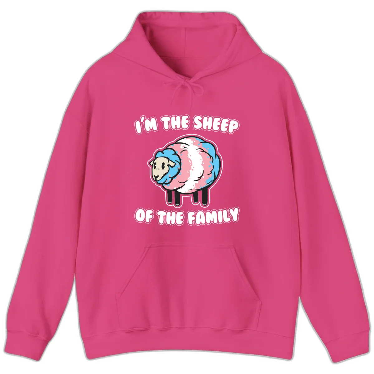Cartoon sheep with blue and pink wool and text reading 'I'm The Sheep Of The Family' in Heliconia