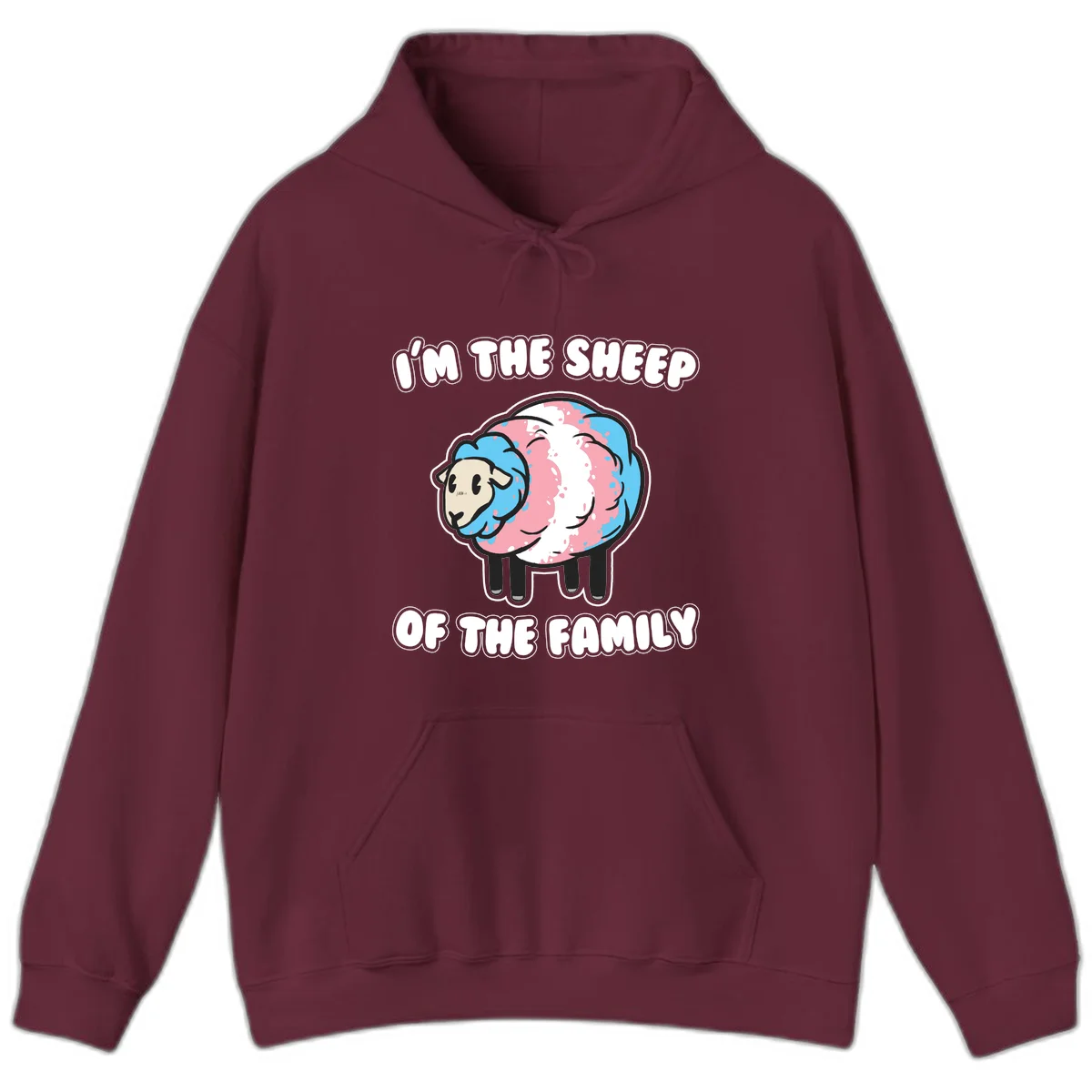 Cartoon sheep with blue and pink wool and text reading 'I'm The Sheep Of The Family' in Maroon