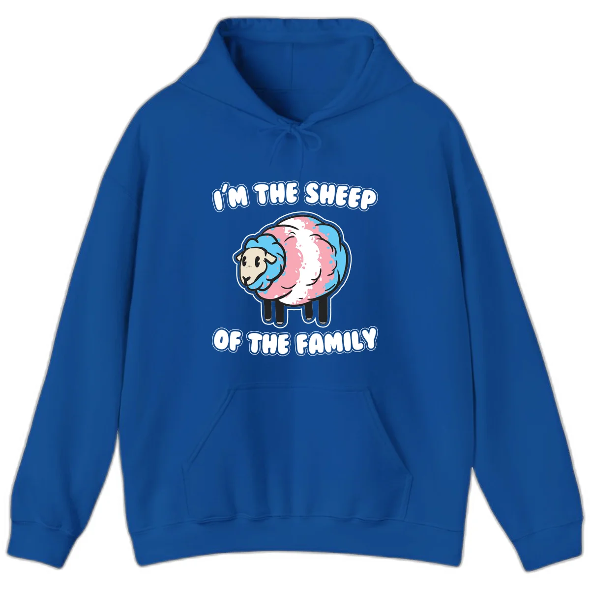 Cartoon sheep with blue and pink wool and text reading 'I'm The Sheep Of The Family' in Royal
