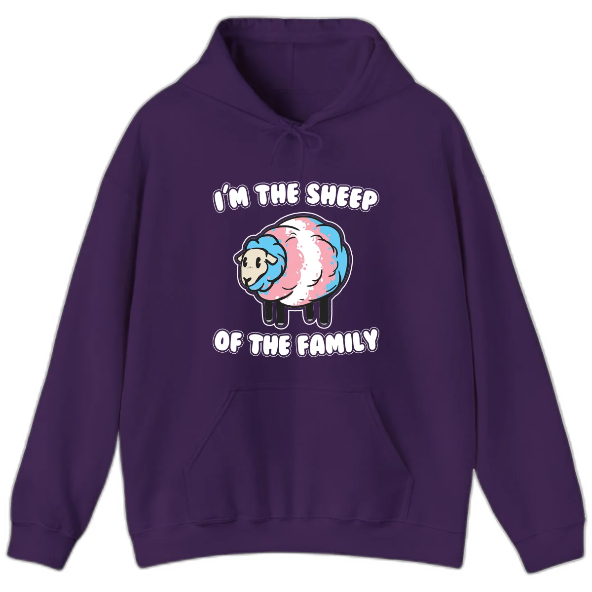 Cartoon sheep with blue and pink wool and text reading 'I'm The Sheep Of The Family' in Purple