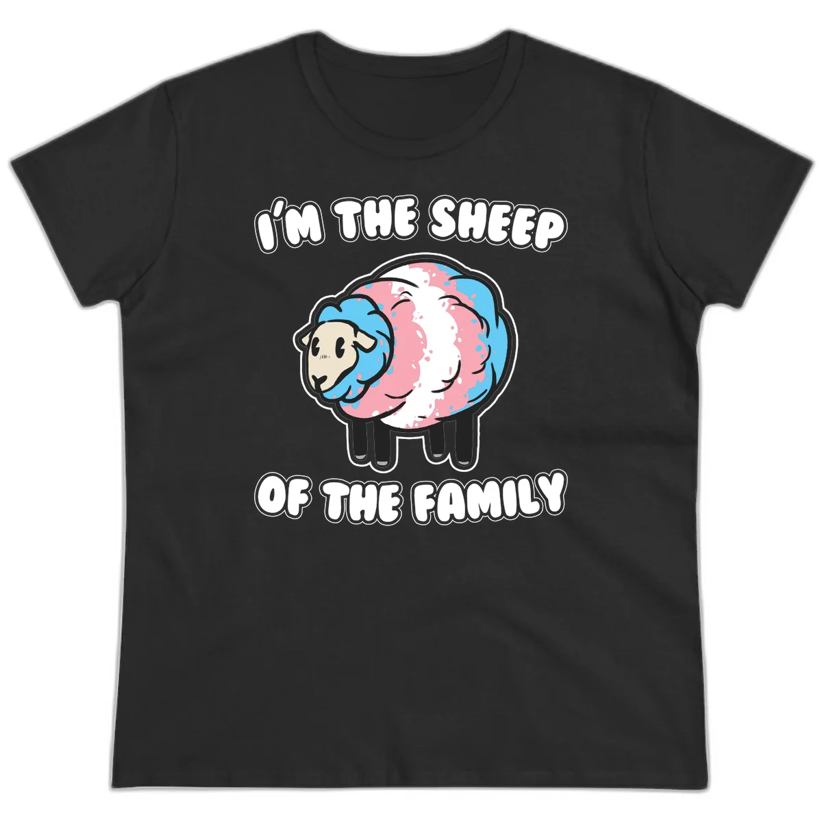 Cartoon sheep with blue and pink wool and text reading 'I'm The Sheep Of The Family' in Black
