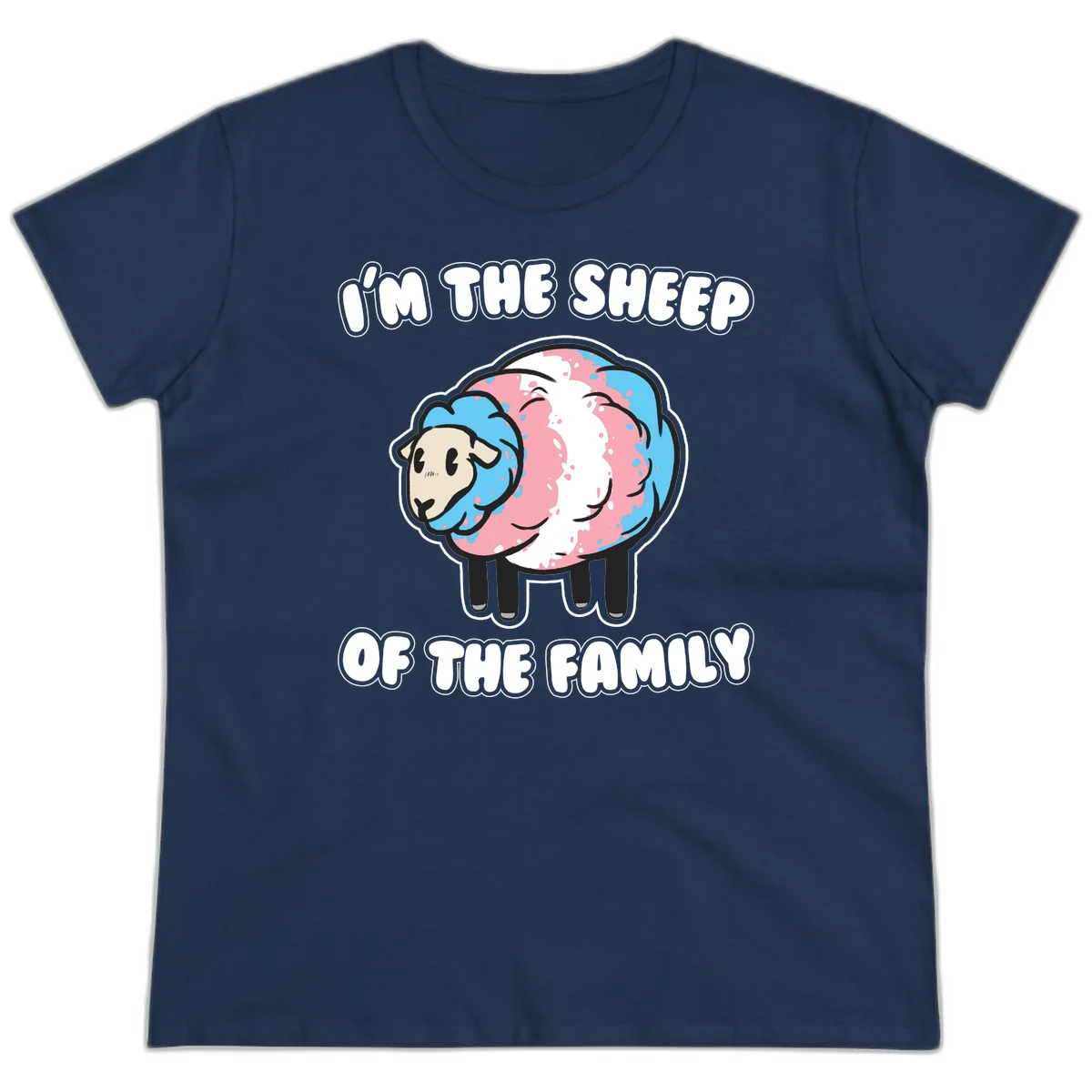 Cartoon sheep with blue and pink wool and text reading 'I'm The Sheep Of The Family' in Navy