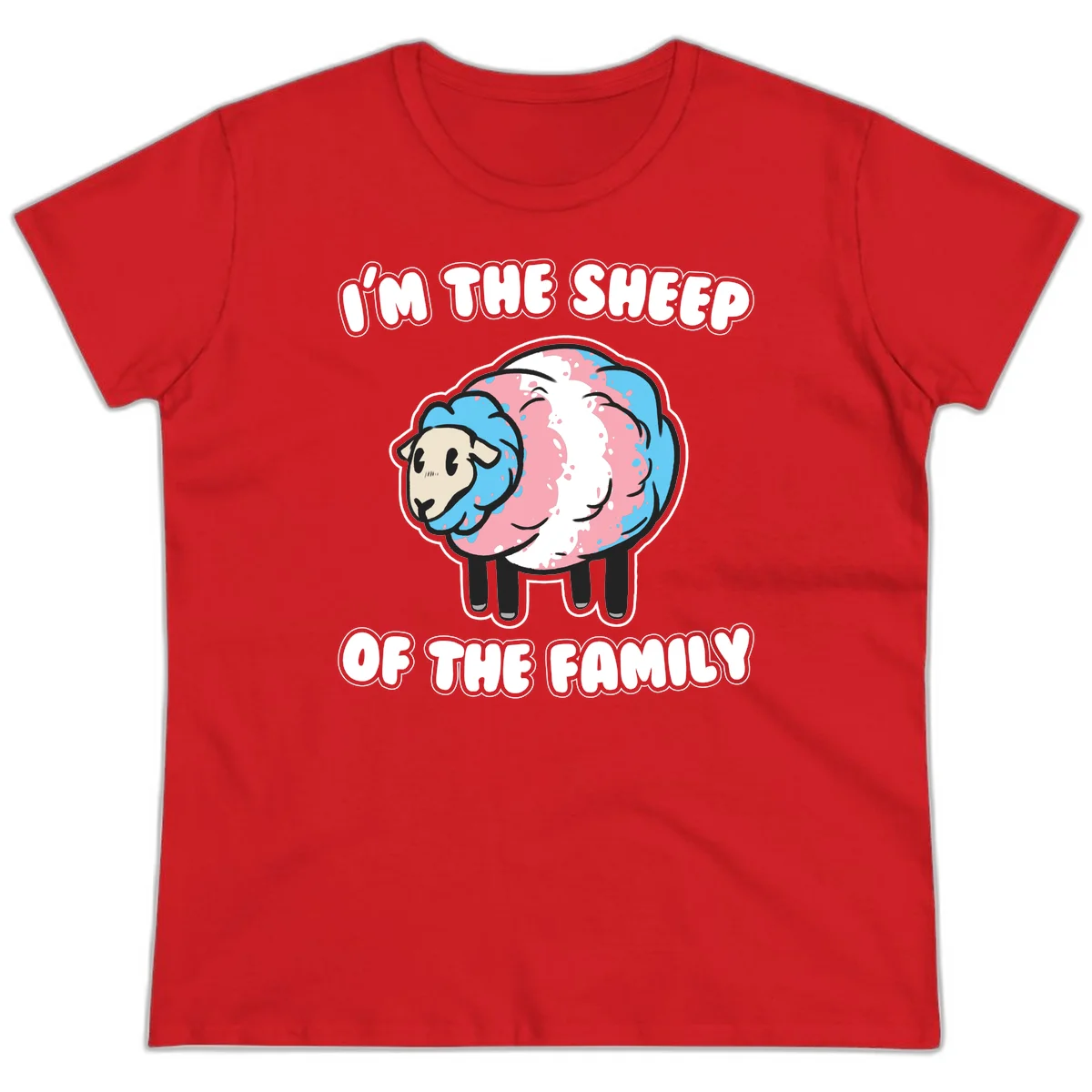 Cartoon sheep with blue and pink wool and text reading 'I'm The Sheep Of The Family' in Red