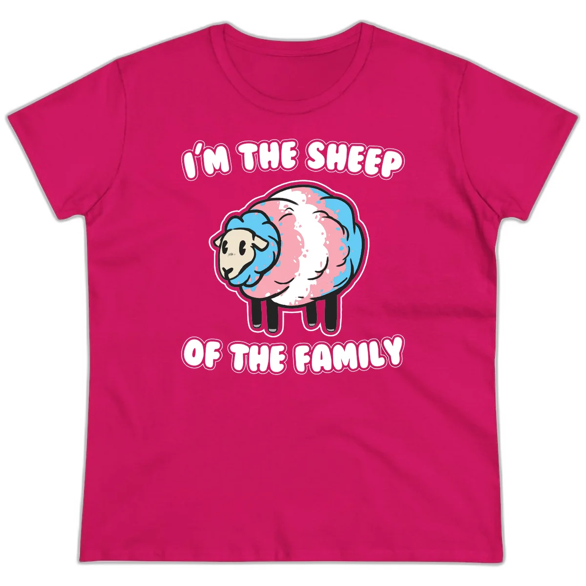 Cartoon sheep with blue and pink wool and text reading 'I'm The Sheep Of The Family' in Heliconia