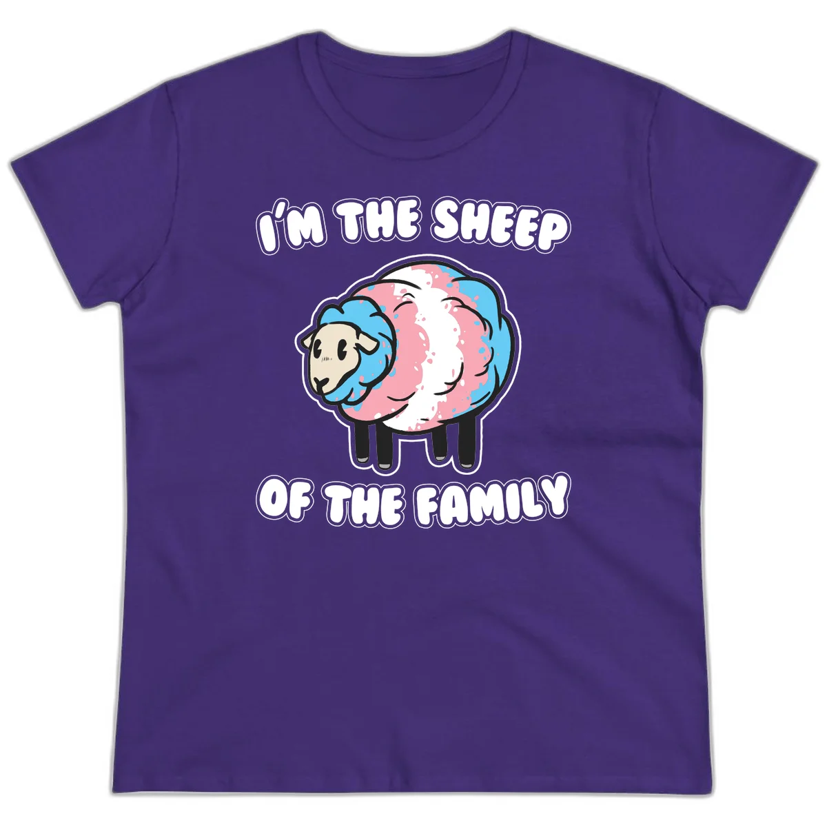Cartoon sheep with blue and pink wool and text reading 'I'm The Sheep Of The Family' in Purple