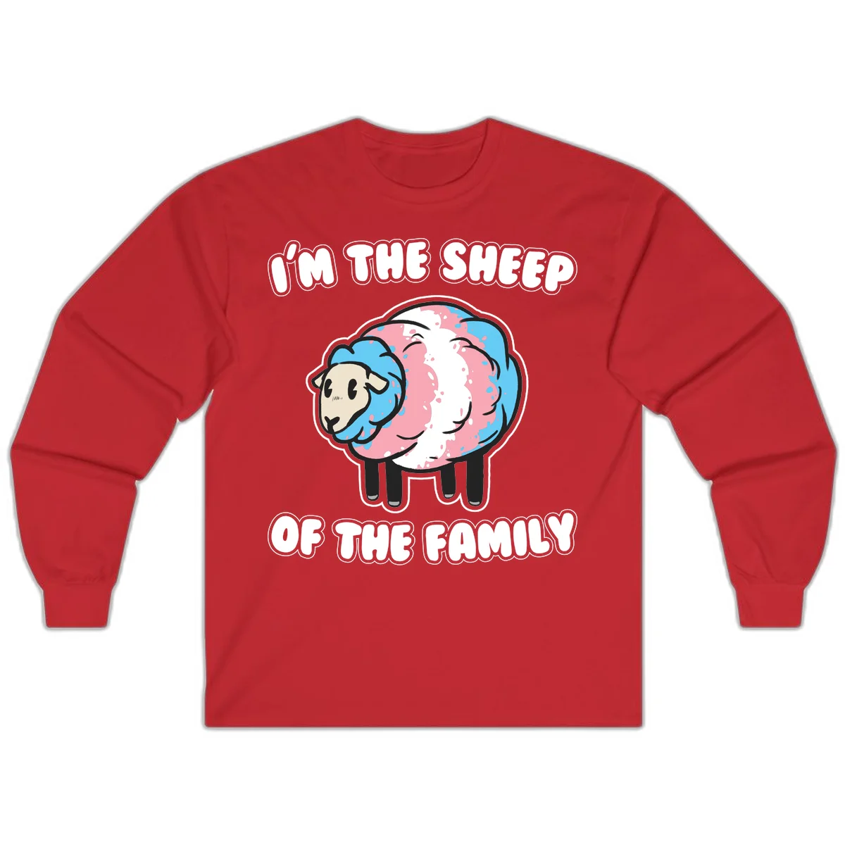 Cartoon sheep with blue and pink wool and text reading 'I'm The Sheep Of The Family' in Red