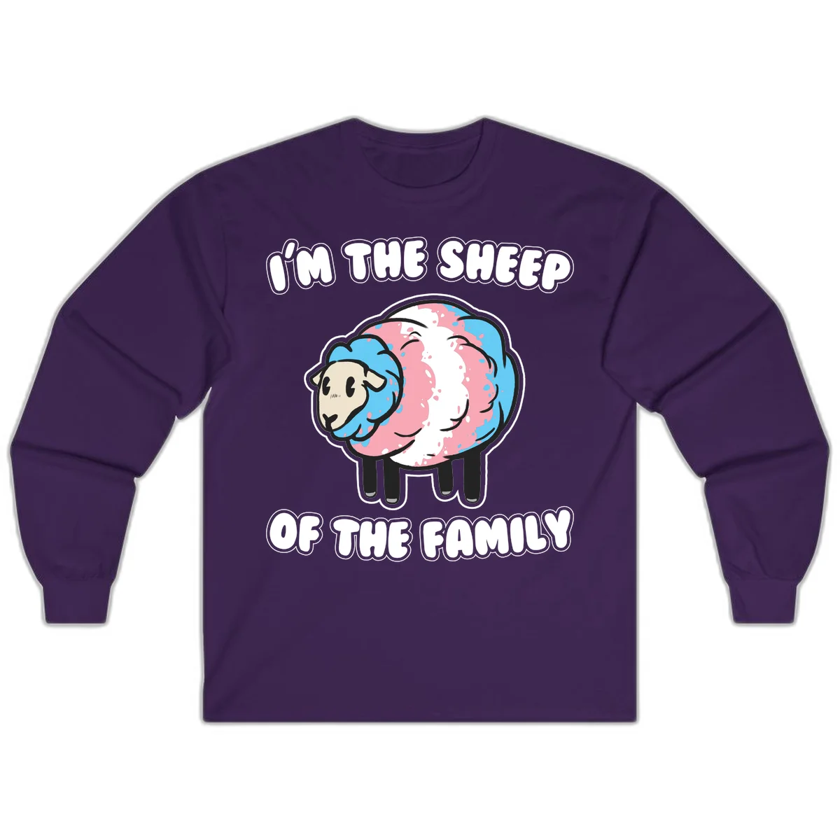 Cartoon sheep with blue and pink wool and text reading 'I'm The Sheep Of The Family' in Purple