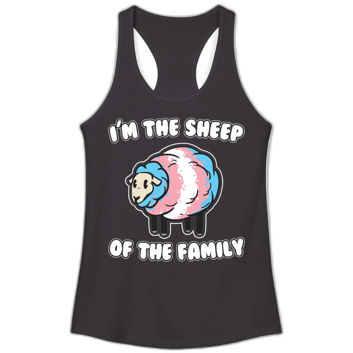 Cartoon sheep with blue and pink wool and text reading 'I'm The Sheep Of The Family' in Black