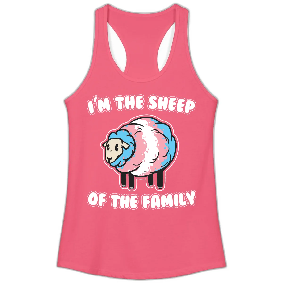 Cartoon sheep with blue and pink wool and text reading 'I'm The Sheep Of The Family' in Hot Pink