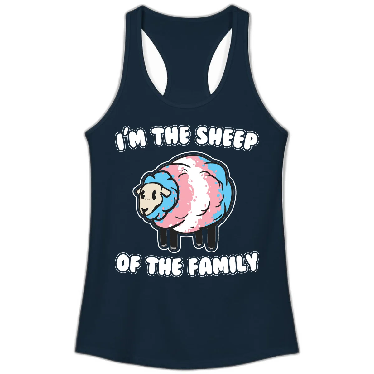 Cartoon sheep with blue and pink wool and text reading 'I'm The Sheep Of The Family' in Solid Midnight Navy