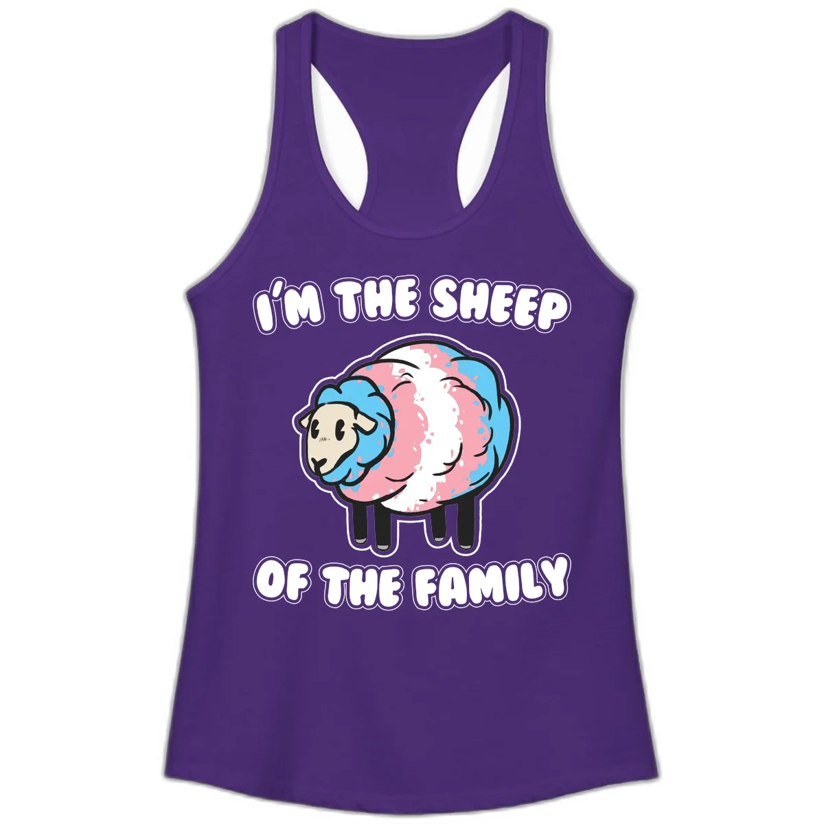 Cartoon sheep with blue and pink wool and text reading 'I'm The Sheep Of The Family' in Solid Purple Rush