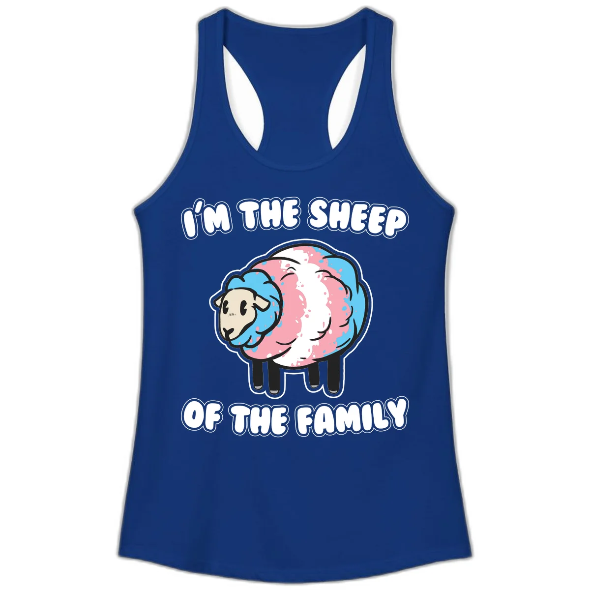 Cartoon sheep with blue and pink wool and text reading 'I'm The Sheep Of The Family' in Solid Royal