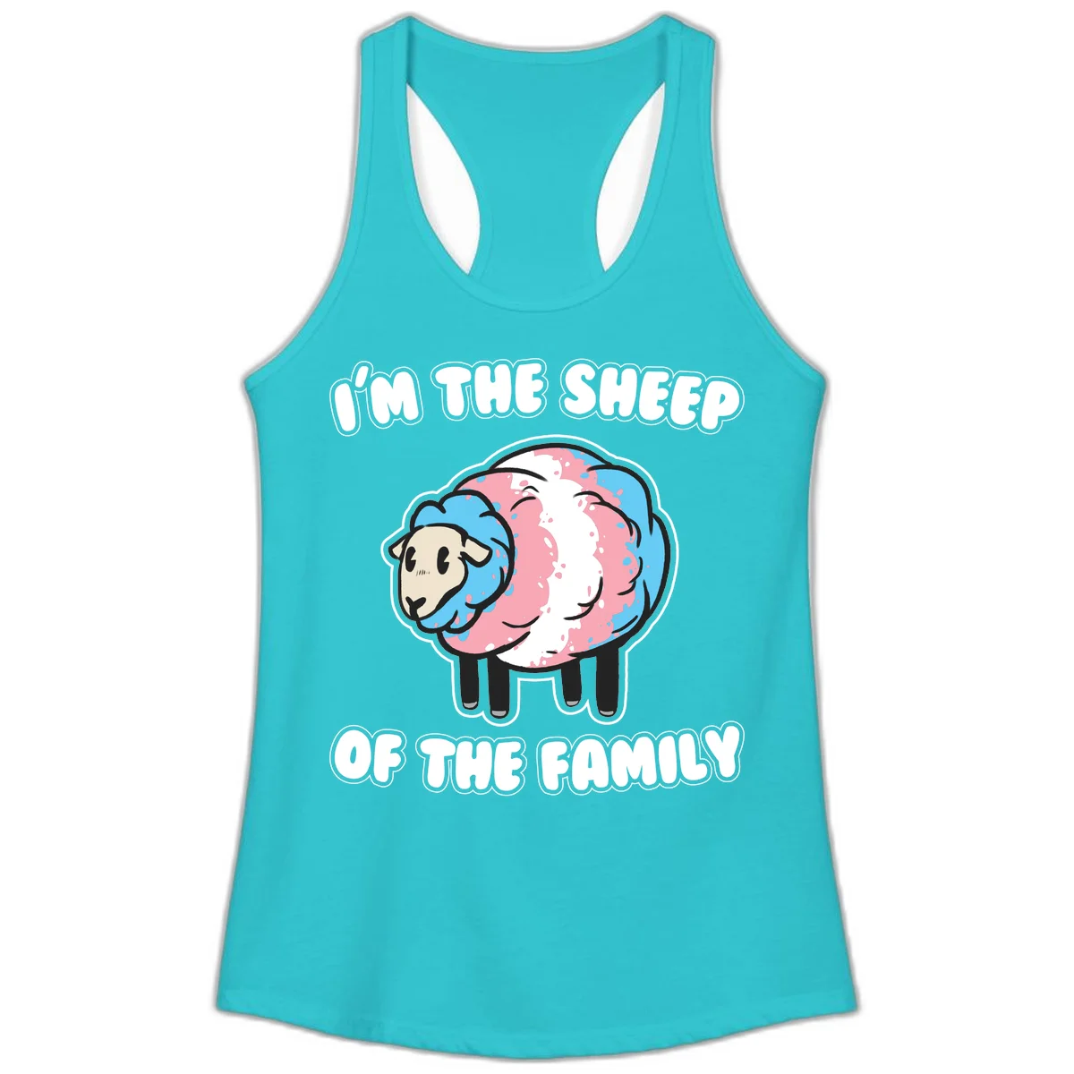 Cartoon sheep with blue and pink wool and text reading 'I'm The Sheep Of The Family' in Solid Tahiti Blue