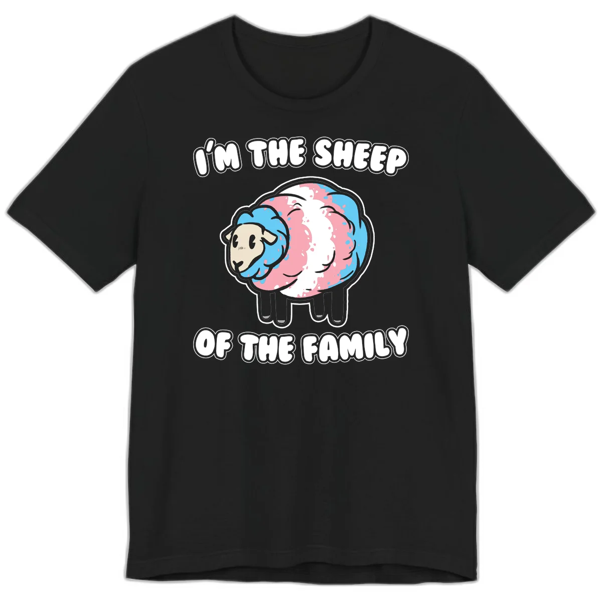 Cartoon sheep with blue and pink wool and text reading 'I'm The Sheep Of The Family' in Black