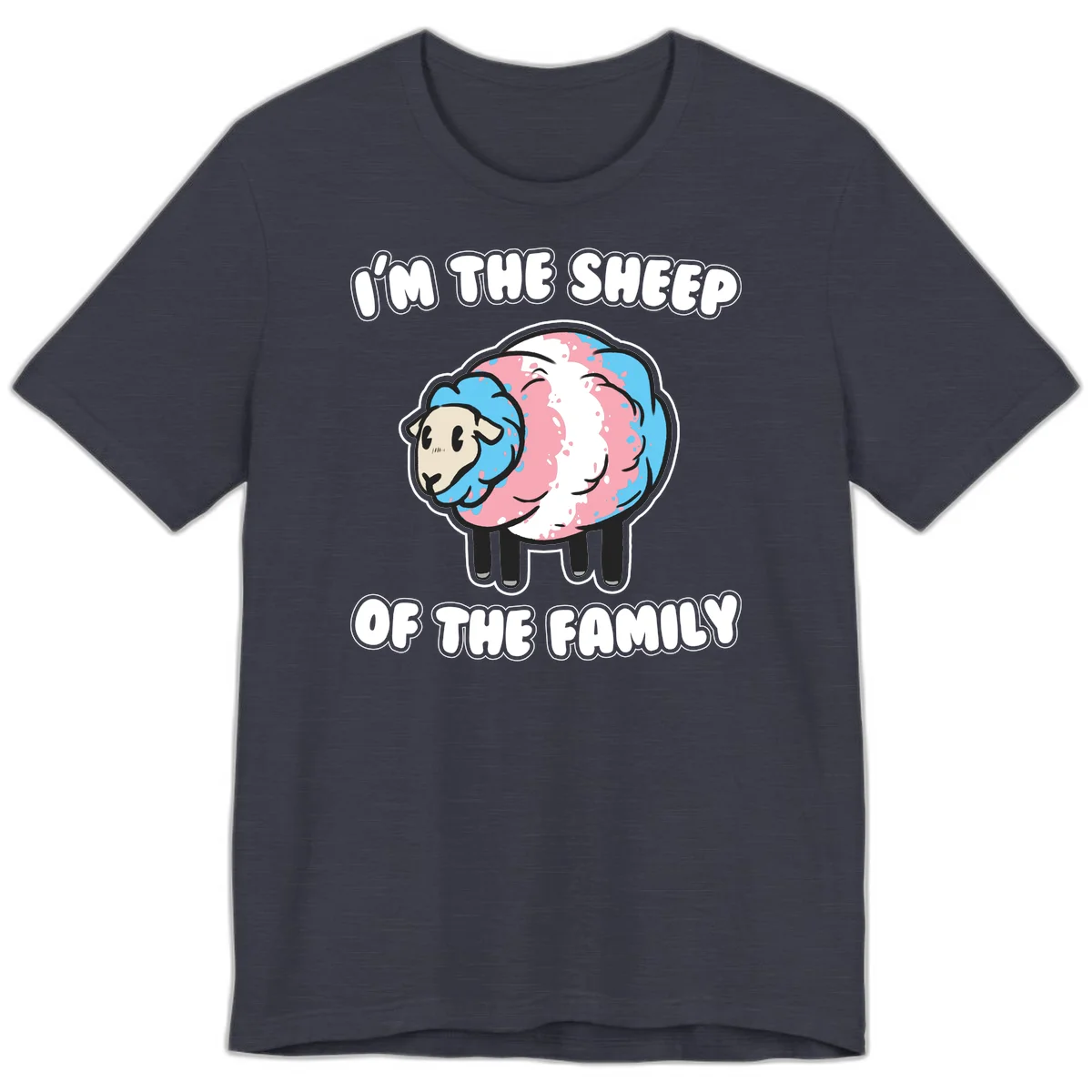 Cartoon sheep with blue and pink wool and text reading 'I'm The Sheep Of The Family' in Heather Midnight Navy