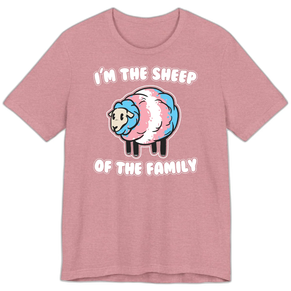 Cartoon sheep with blue and pink wool and text reading 'I'm The Sheep Of The Family' in Heather Orchid