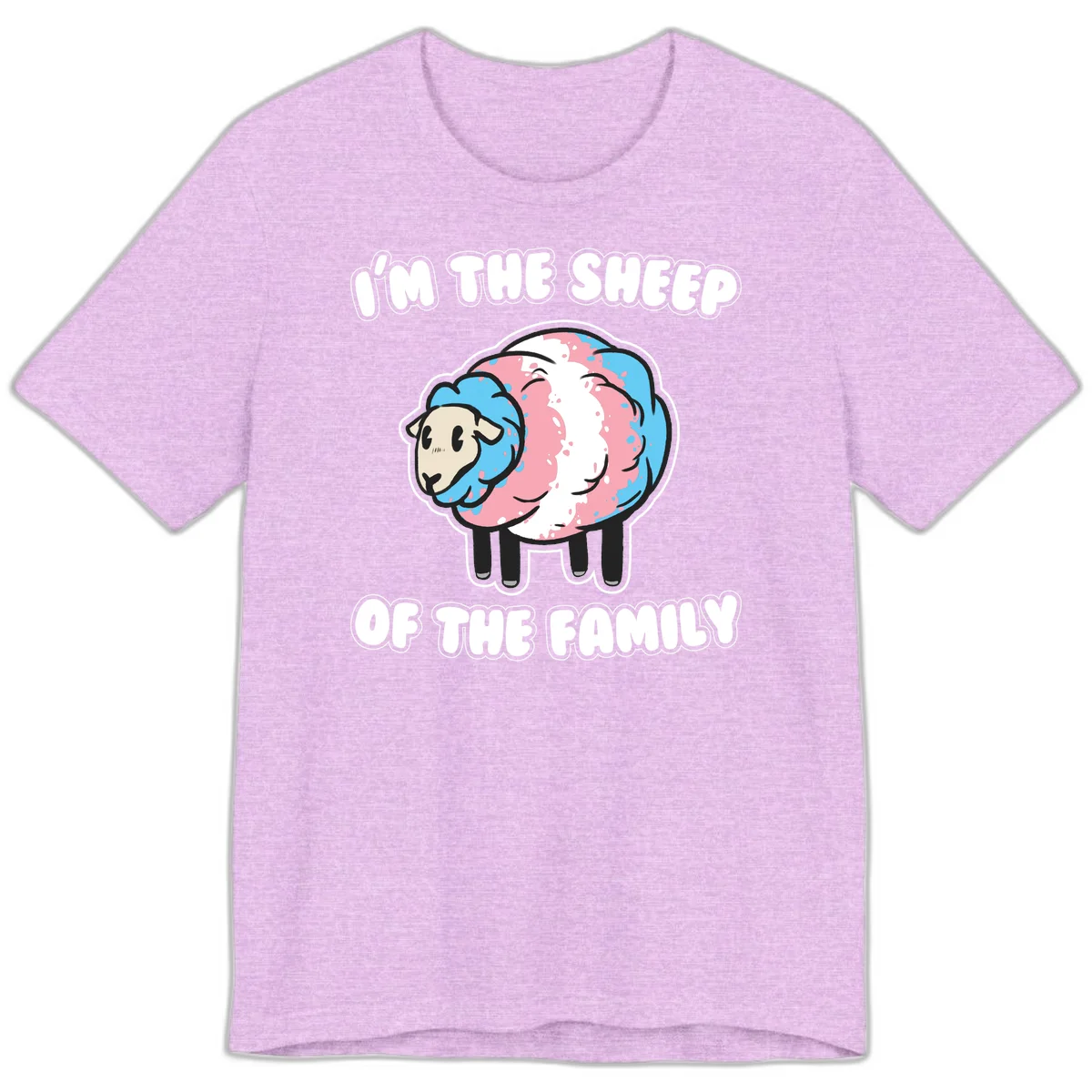 Cartoon sheep with blue and pink wool and text reading 'I'm The Sheep Of The Family' in Heather Prism Lilac