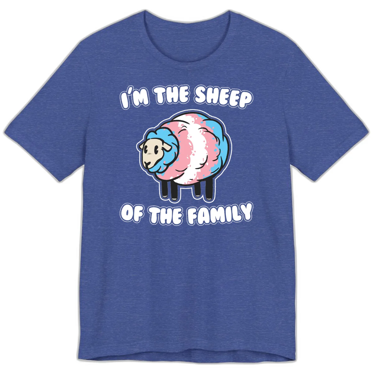 Cartoon sheep with blue and pink wool and text reading 'I'm The Sheep Of The Family' in Heather True Royal