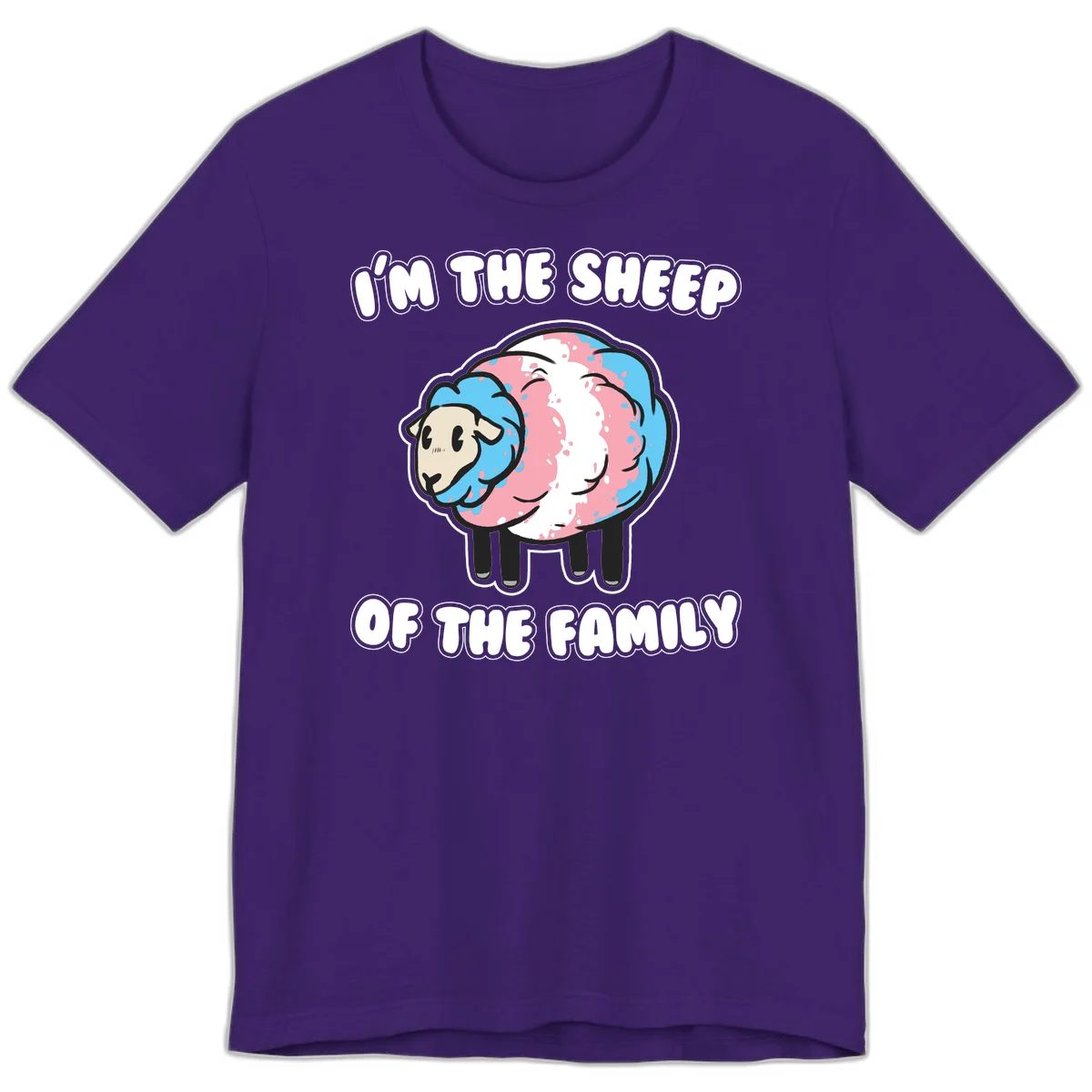 Cartoon sheep with blue and pink wool and text reading 'I'm The Sheep Of The Family' in Team Purple