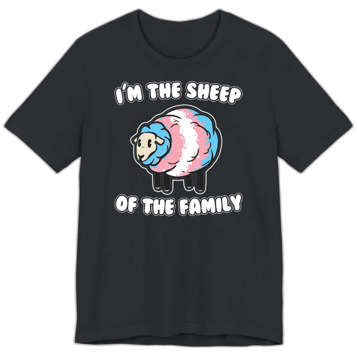 Cartoon sheep with blue and pink wool and text reading 'I'm The Sheep Of The Family' in Vintage Black