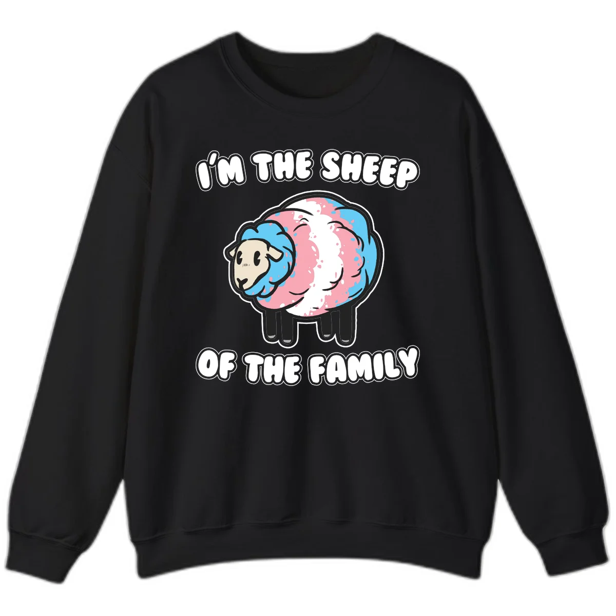 Cartoon sheep with blue and pink wool and text reading 'I'm The Sheep Of The Family' in Black