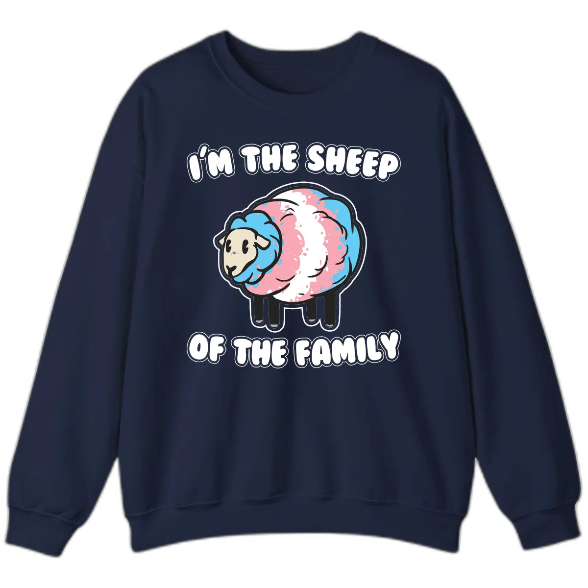 Cartoon sheep with blue and pink wool and text reading 'I'm The Sheep Of The Family' in Navy