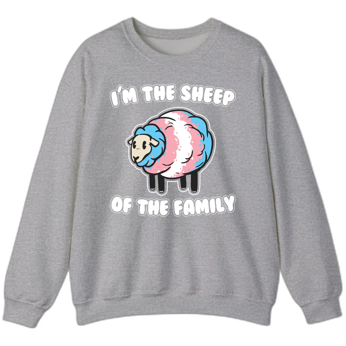 Cartoon sheep with blue and pink wool and text reading 'I'm The Sheep Of The Family' in Sport Grey
